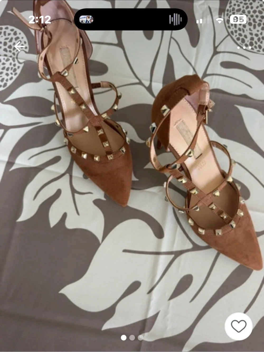 Studded Strappy Pointed-Toe Heels in Tan Suede